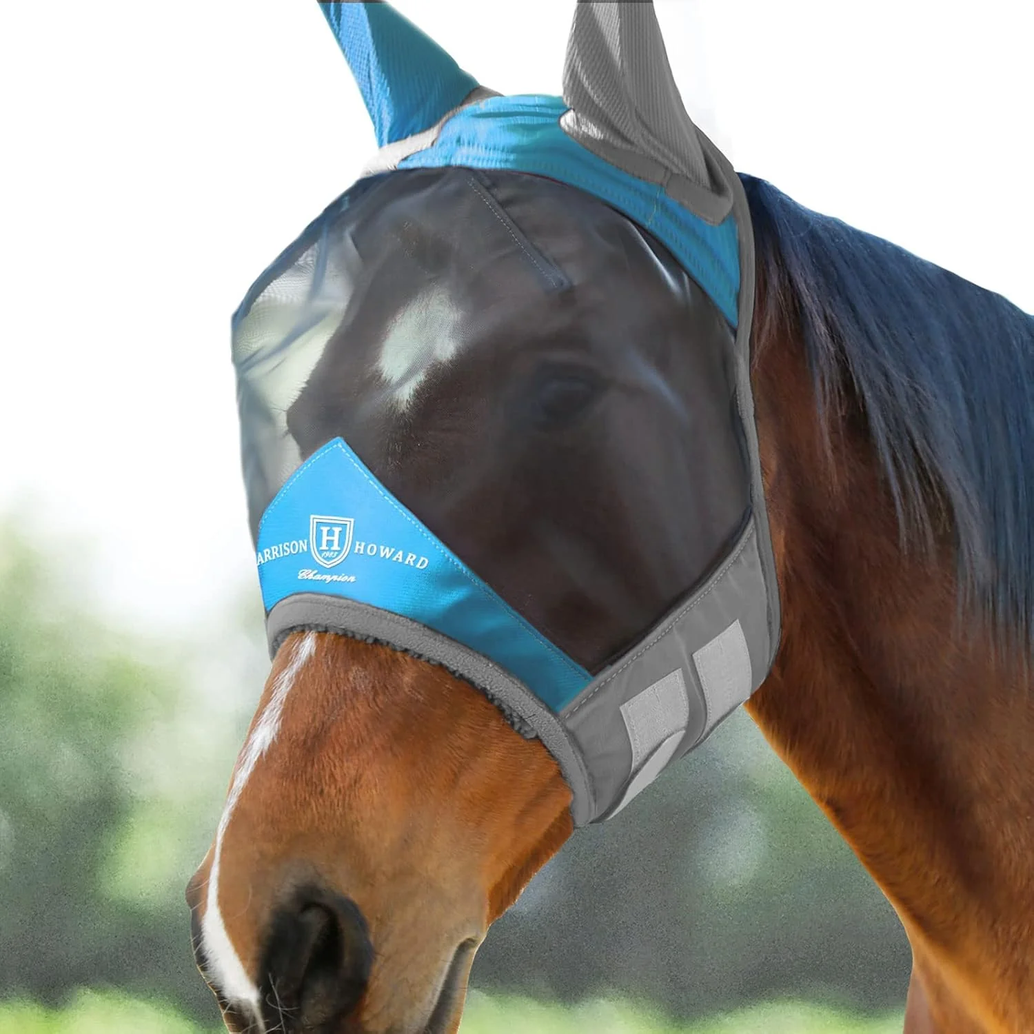 User-Friendly Harrison Howard Pro Luminous Horse Fly Mask Standard with Ears UV Protection for Horse Azure Blue Silver XL Extra Full Size Trusted
