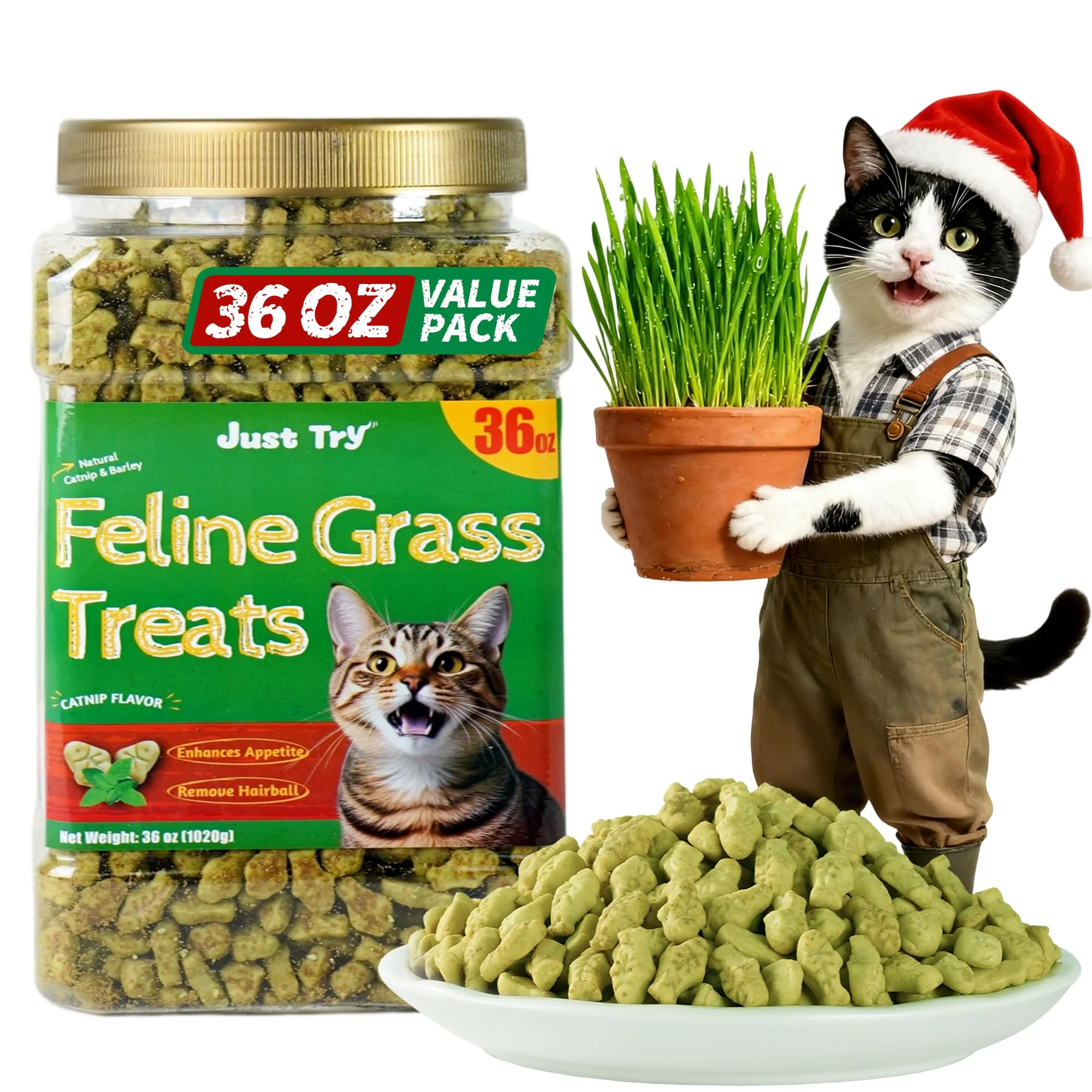 Modern Just Try 36oz Cat Treats for Indoor Cats — Hairball Control Salmon Catnip Dental Care Eco-Friendly