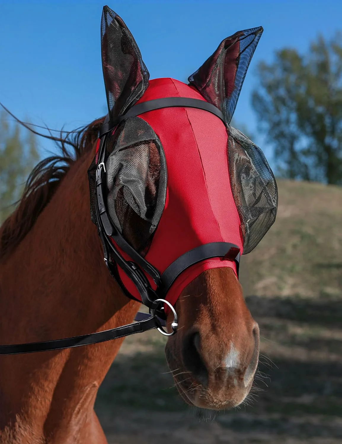 Soft Horse Fly Mask with Ears UV Protection Mask for Horses Elasticity Mask with Big Mesh Eye Covers Snug Fitting Comfortable Breathable Lightweight Rose Red Full Size Safe