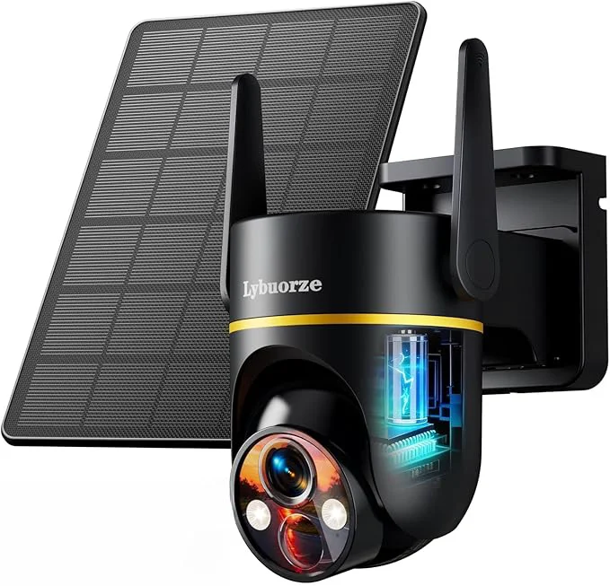 Convenient Lybuorz Outdoor Security Camera Wireless Solar Powered 4MP HD Pan Tilt 360° View IP65 Weatherproof WiFi 6 Dual Band AI Human Detection Siren 2-Way Audio Color Night Vision SD Cloud StorageAbout ThisOverview Comfortable