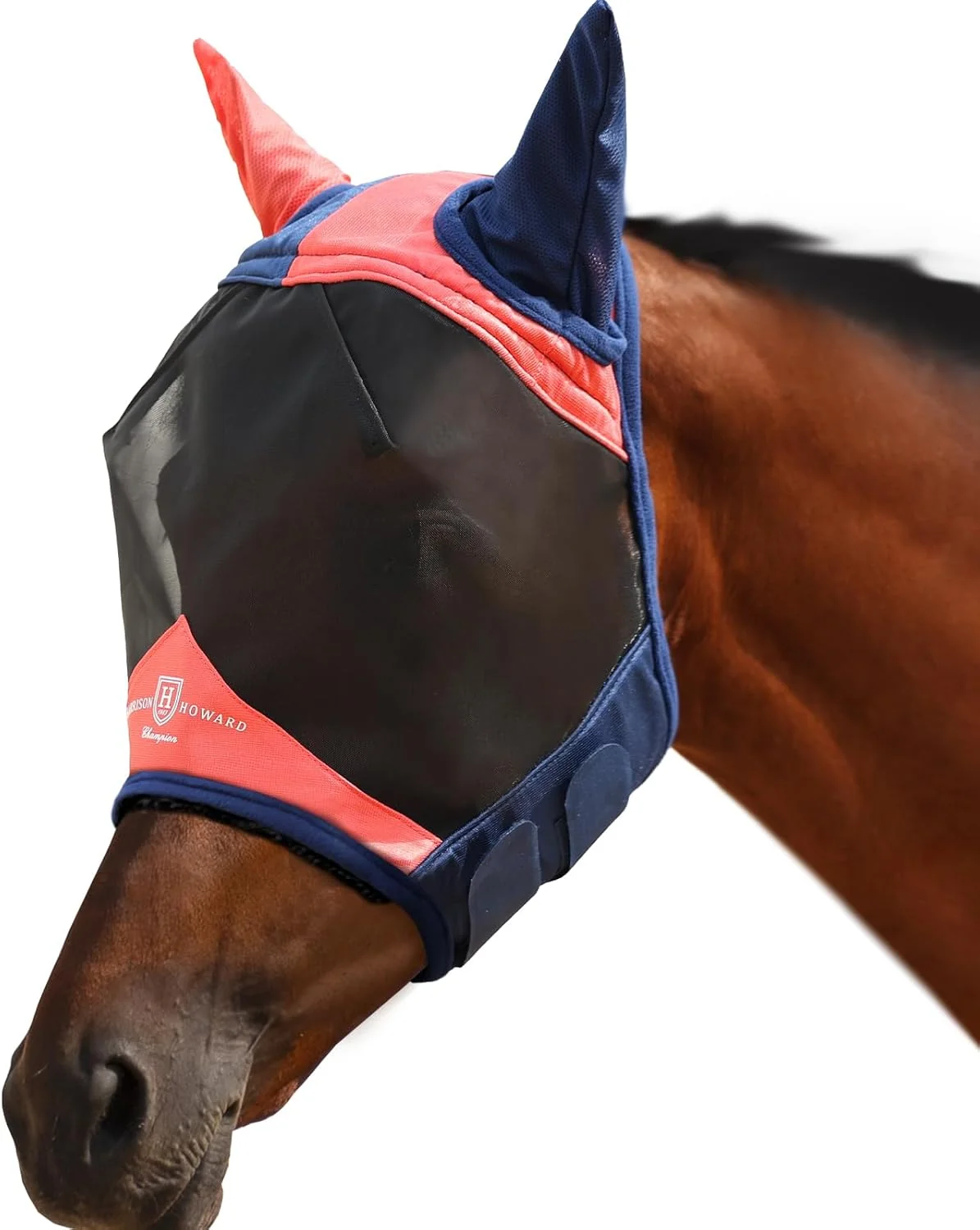 Soft Harrison Howard Pro Luminous Horse Fly Mask Large Eye Space Half Face with Ears UV Protection for Horse Coral Orange Navy XL Original