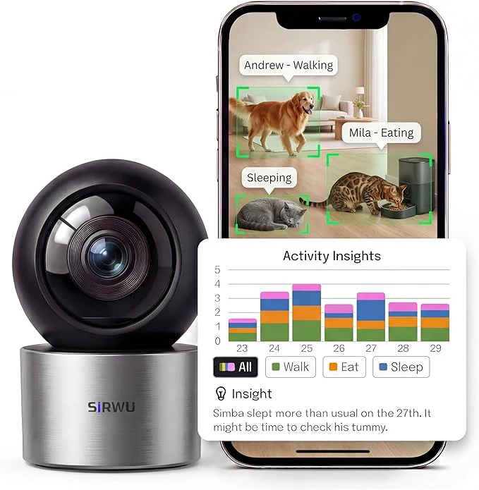 Certified AI Pet Camera Indoor with Phone App Dog Camera with Speaker Multi-Pet Recognition AI Day Summary 2K 3MP Cat Camera for Indoor 360° Auto Tracking Night Vision 2-Way Talk WiFi 2.4G 5GAbout ThisOverview Expertly Made