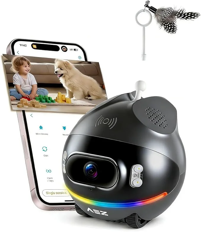Long-Lasting AEZ Robot Camera on Wheels 1080P Dual Lens Indoor Movable Security Camera with 2-Way Talk Blinky Bot with Night Vision Distance Bot App Control for Cats Dogs Baby Elderly SD Cloud Storage About ThisOverview Advanced