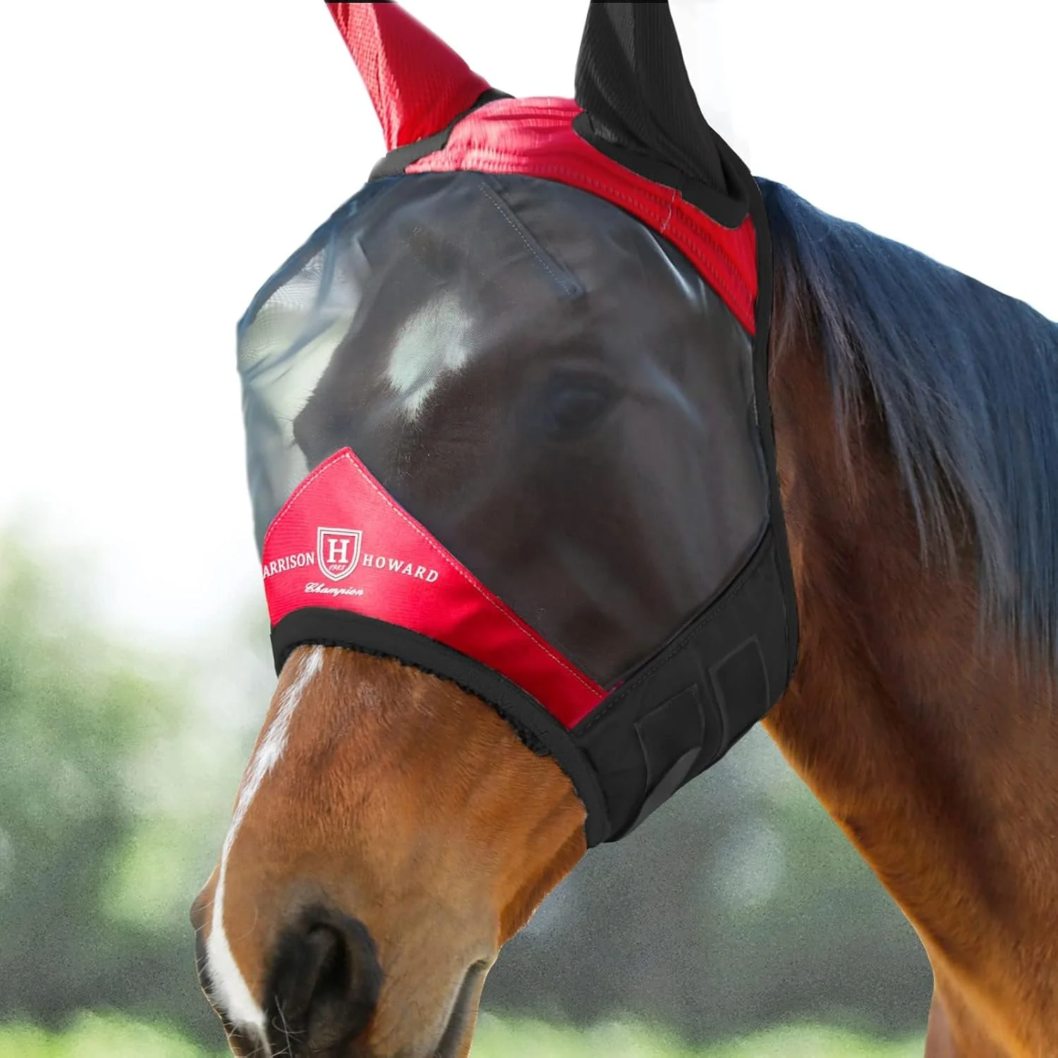 Detailed Harrison Howard Pro Luminous Horse Fly Mask Standard with Ears UV Protection for Horse Scarlet Red Black Medium Cob Original Design