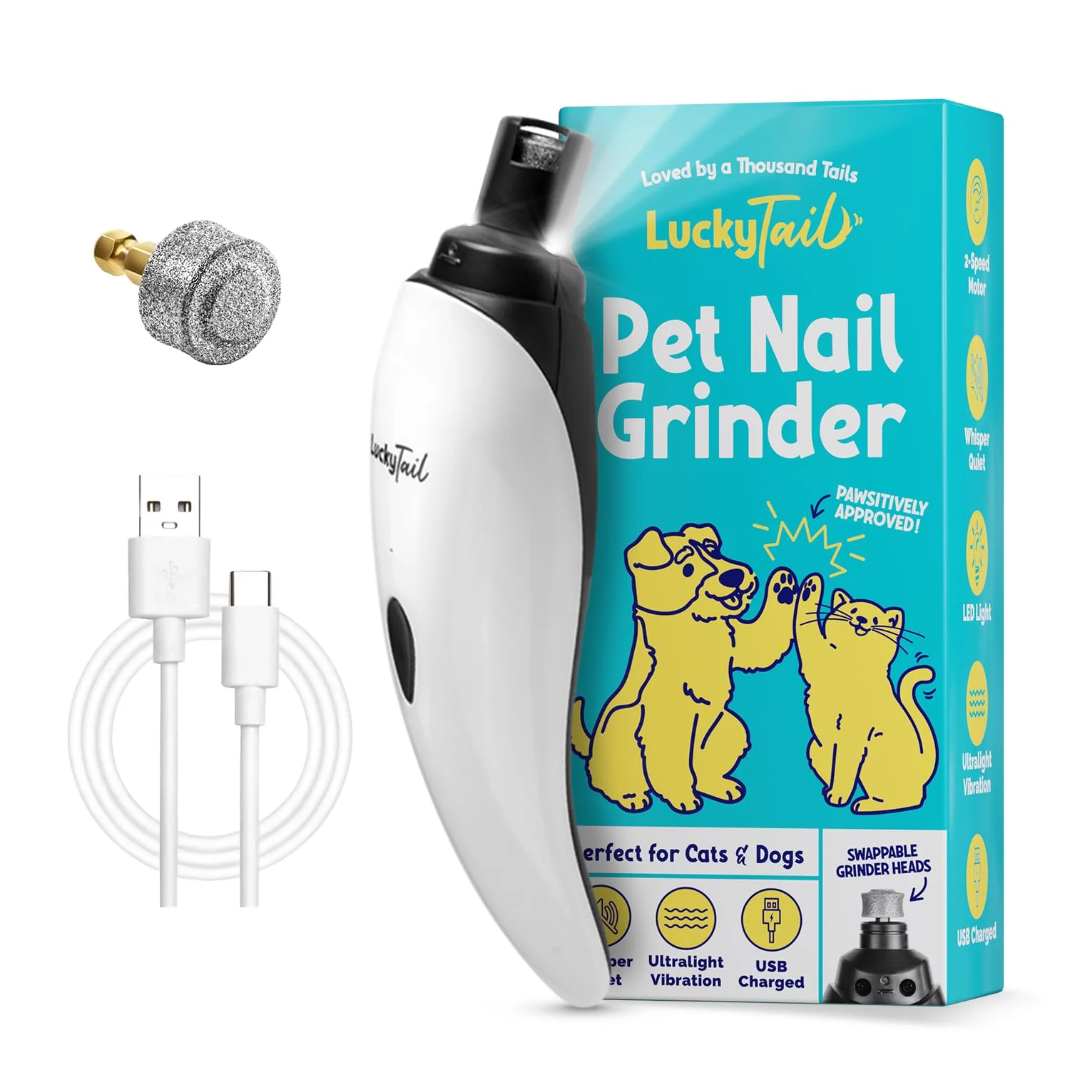 Fine LuckyTail Pet Nail Grinder – Quiet Cordless 2-Speed Nail Trimmer for Dogs Cats High-Quality