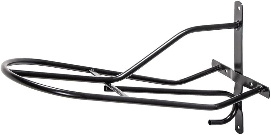 Convenient Black English Western Saddle Rack Organize Tack Room Sleek and Durable PVC Coated Steel Mounts Easily Includes Hook to Hold a Bridle Helmet or Other Items Sophisticated