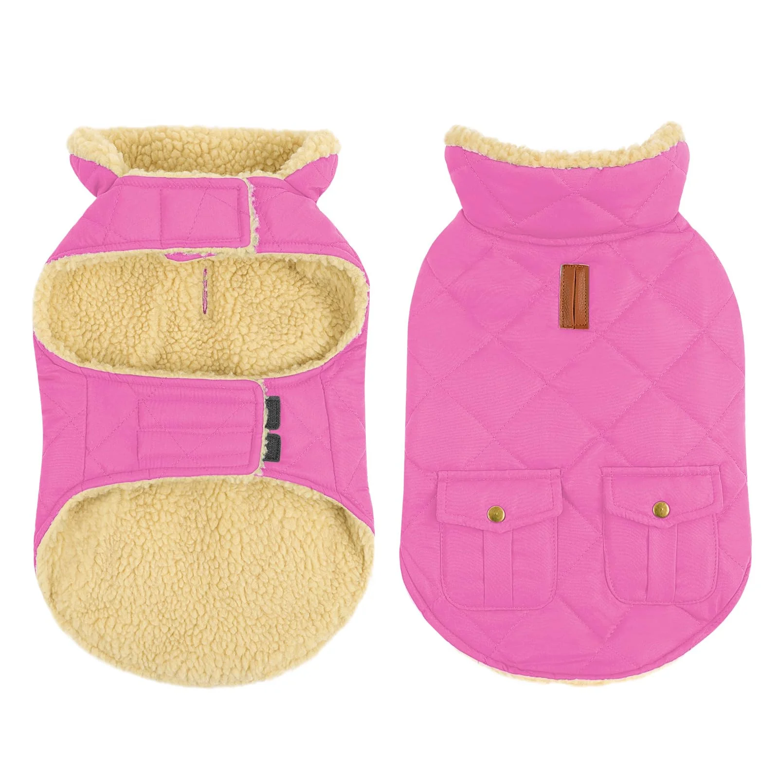 Elegant Queenmore Dog Winter Coat - Pink Fleece Jacket Windproof Warm Plush Lining Leash Hole Back Pockets Efficient