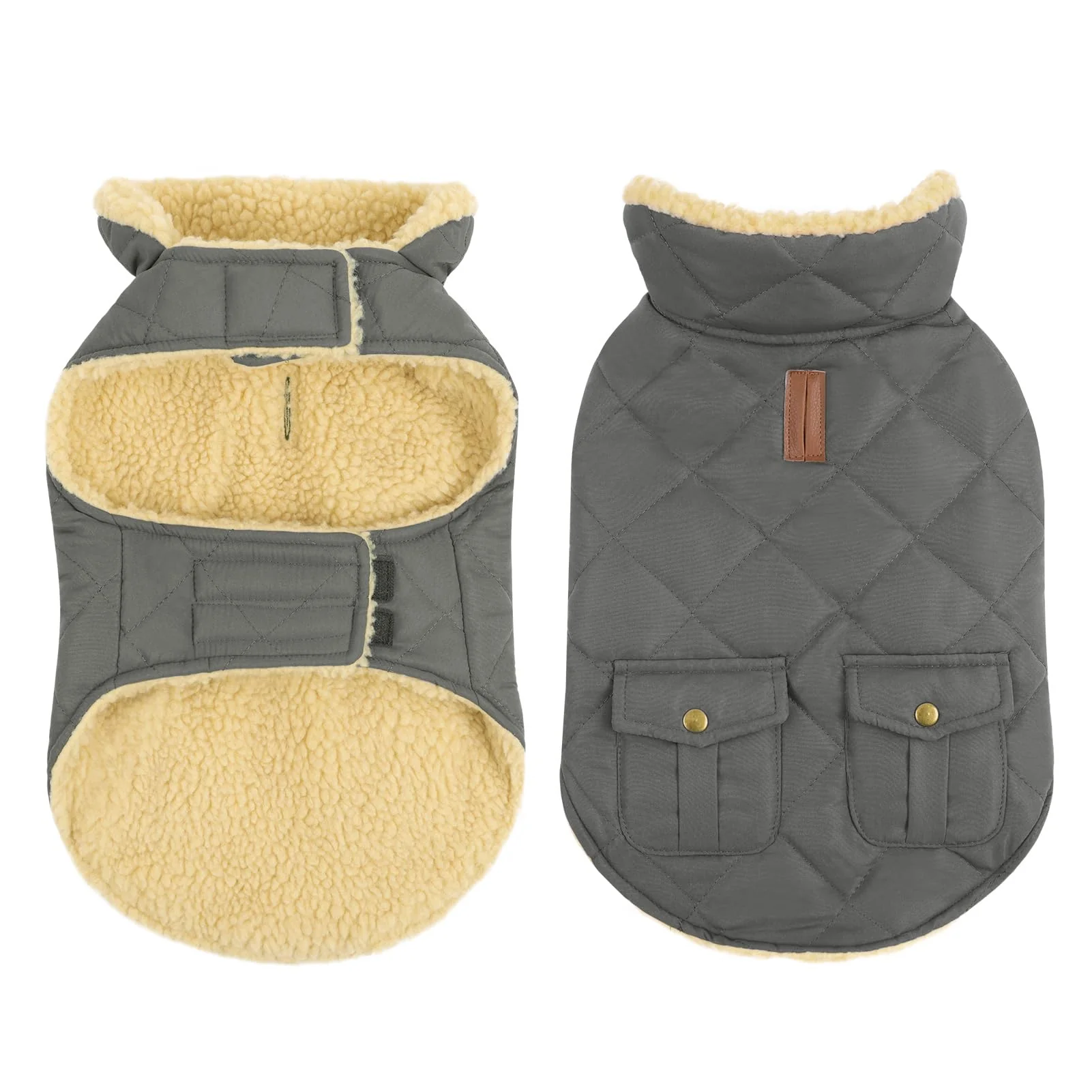 Enhanced Queenmore Dog Winter Coat - Fleece Jacket Waterproof Warm Padding Back Pockets Grey Large High-Quality