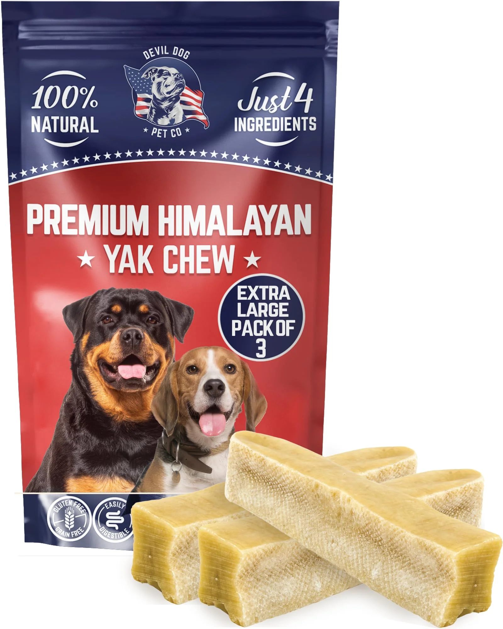 Devil Dog Pet Co Himalayan Yak Cheese Dog Chews – Extra Large 3 Pack – Natural Lactose- Prestigious