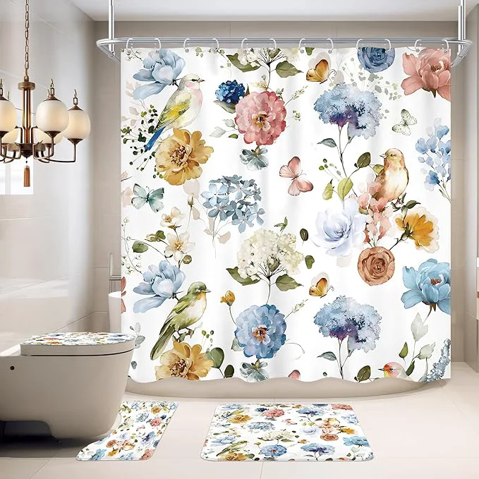 Authentic 4 PCS Blue Floral Birds Bathroom Set Reusable
