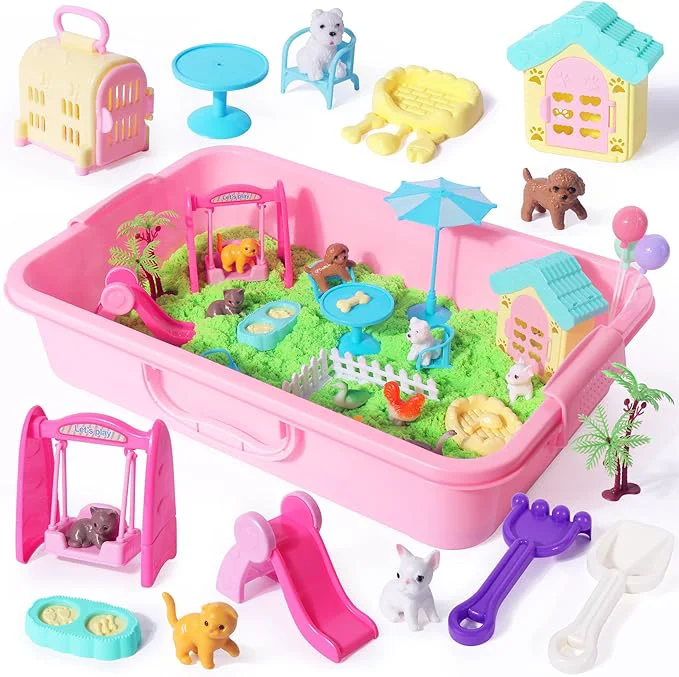 Elite Billeeit Pet Sensory Bin Sand Toy with 2.2lbs Green Moldable Sand Dog ＆ Cat Play Sand Kit for Boys and Girls Including 28pcs Accessories Total Sand Box Toys Gift for Kids 3 Indoor CreativityAbout ThisOverview Relaxed