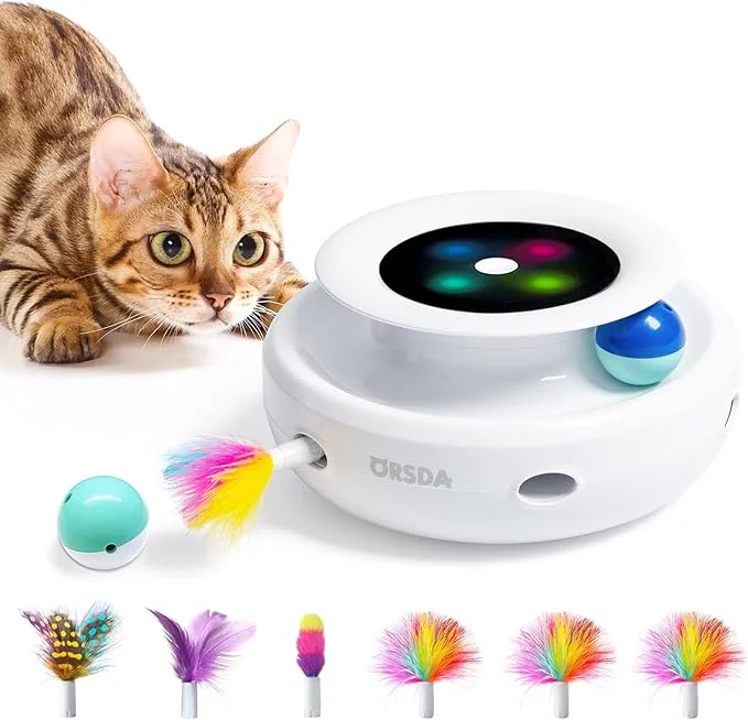 Outstanding ORSDA 2in1 Interactive Toys for Indoor Cats Timer Auto On Off Cat Toy Balls Ambush Electronic Cat Mice Toy for Entertainment with 6pcs Feathers Dual Power SuppliesAbout This Recyclable