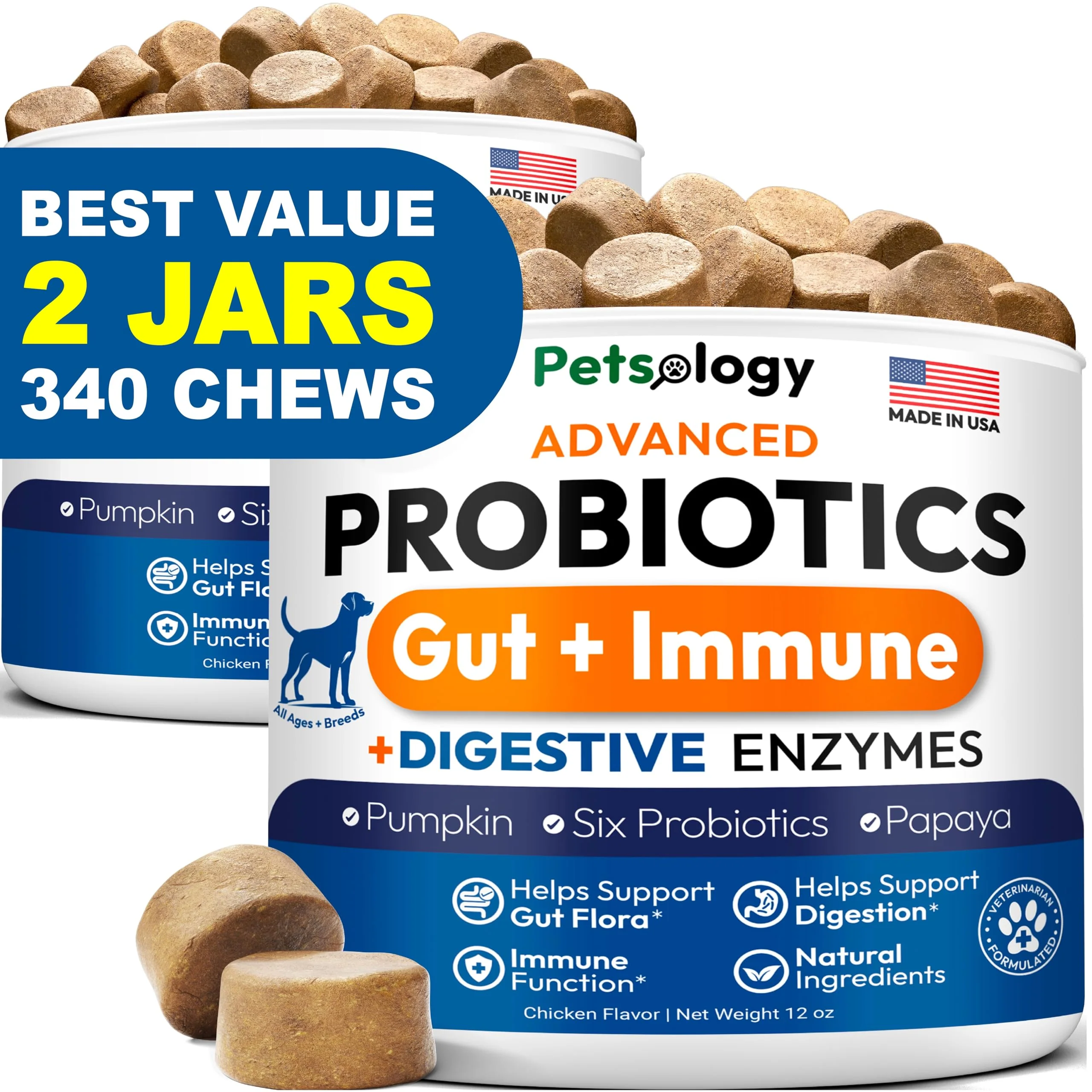 Minimalist Petsology Probiotics for Dogs – 2 Pack 340 Chews Digestive Enzymes Prebiotics Modern