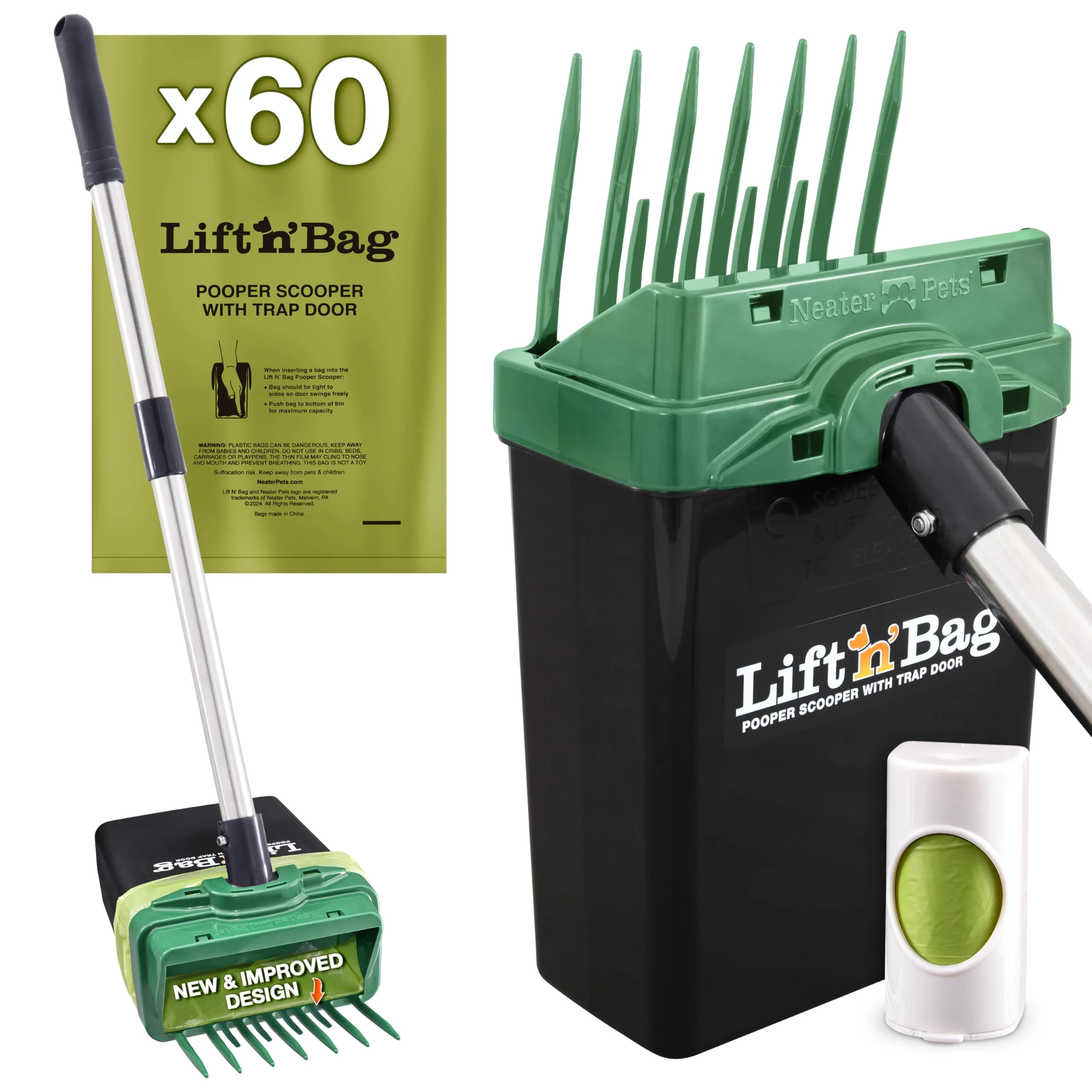 Secure Neater Pet Brands Lift N Bag 2.0 Poop Scooper — One-Hand Cleanup 27-inch Pole 60 Lavender Bags USA-Made Unique