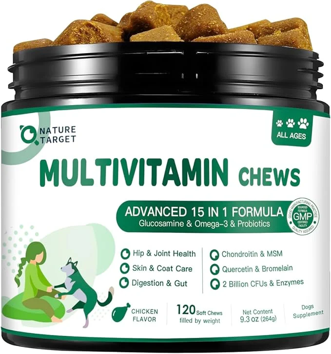 Refined NATURE TARGET Multivitamin for Dogs - with MSM Glucosamine Omegas 3 6 Probiotics for Digestive Health Joint Support Skin Coat Immune System Overall Health 120 Soft ChewsAbout This Clean