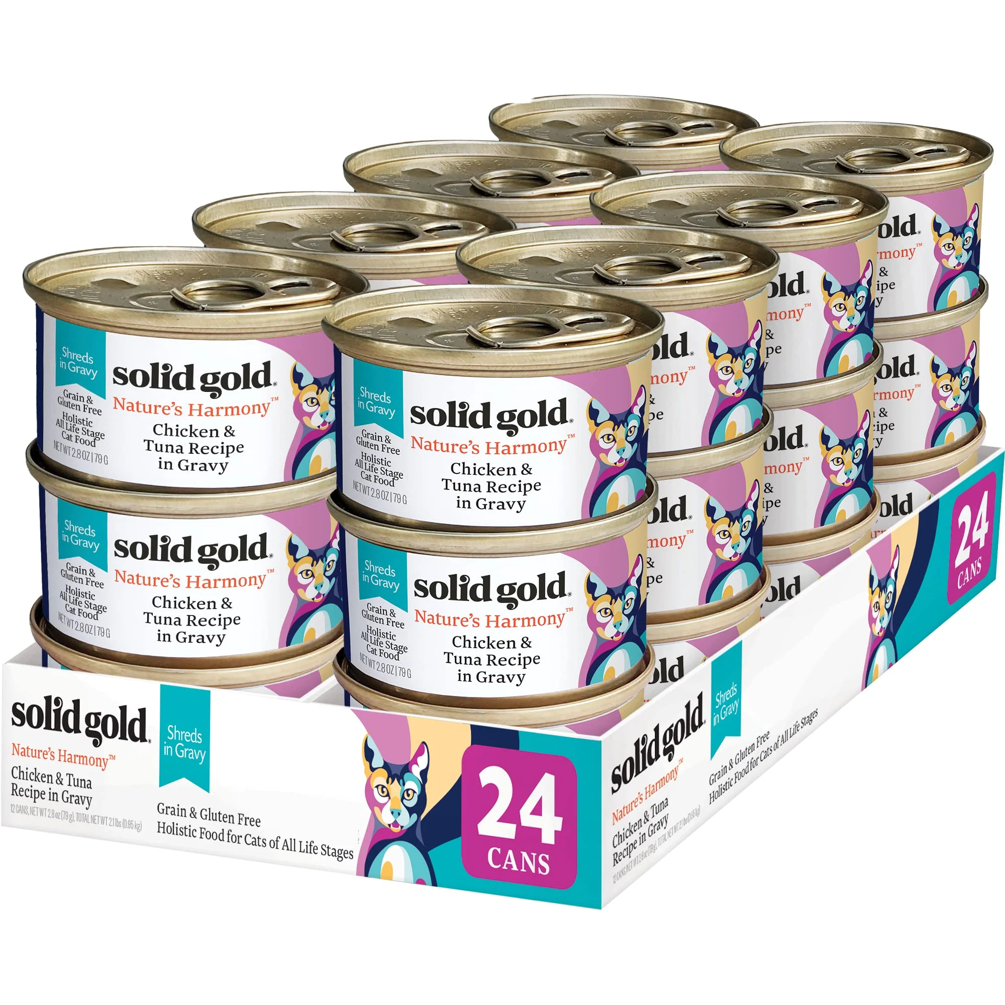 Versatile Solid Gold Wet Cat Food Shreds in Gravy — Chicken Tuna Grain Gluten 24ct 3oz Refined