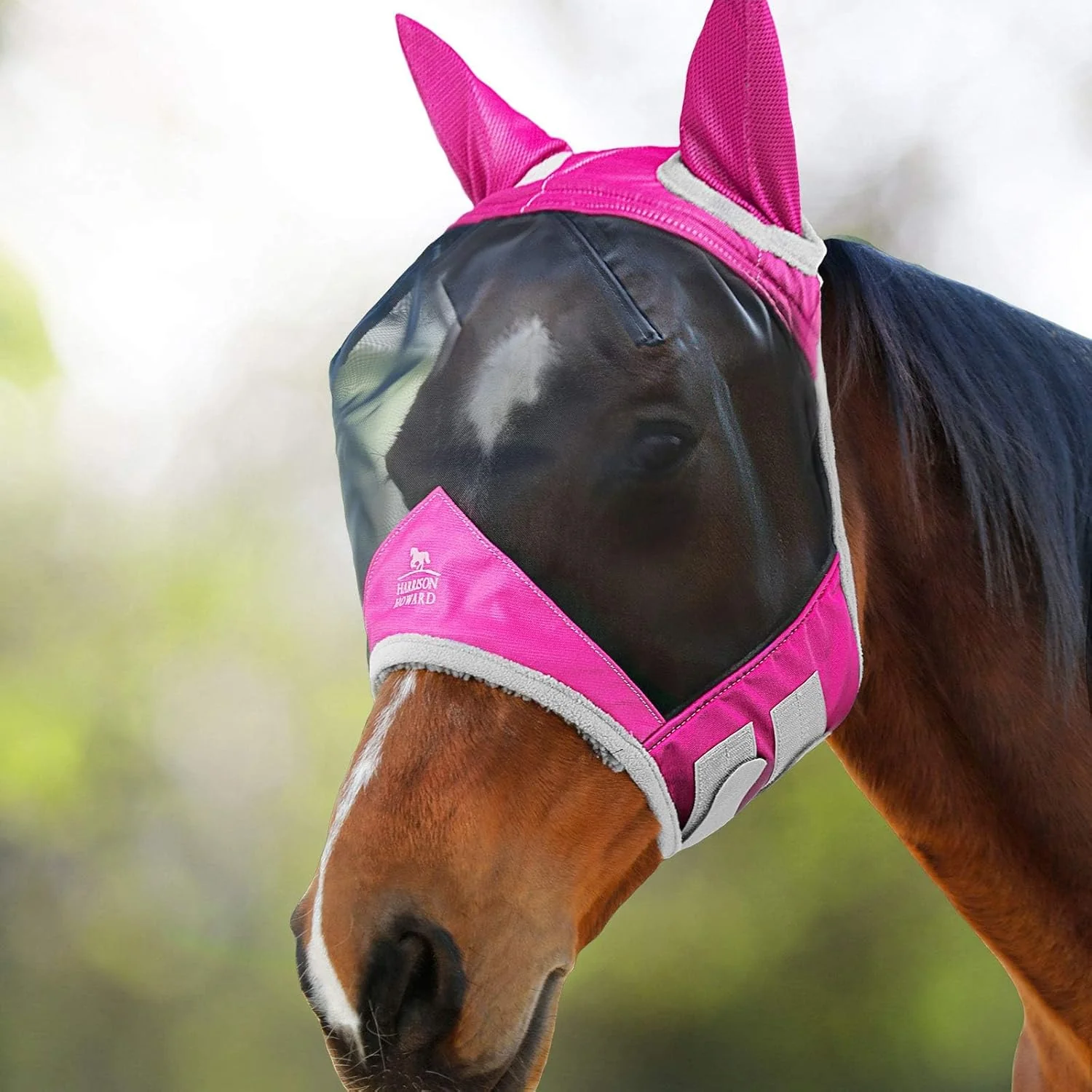 Exclusive Harrison Howard CareMaster Pro Luminous Horse Fly Mask Standard with Ears UV Protection for Horse Flamingo M Cob Secure