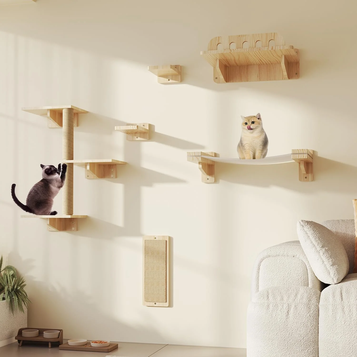 Certified MeowHomm Cat Wall Shelves - Set of 6 Wooden Wall Furniture with Scratching Post Hammock Jumping Platform Pure