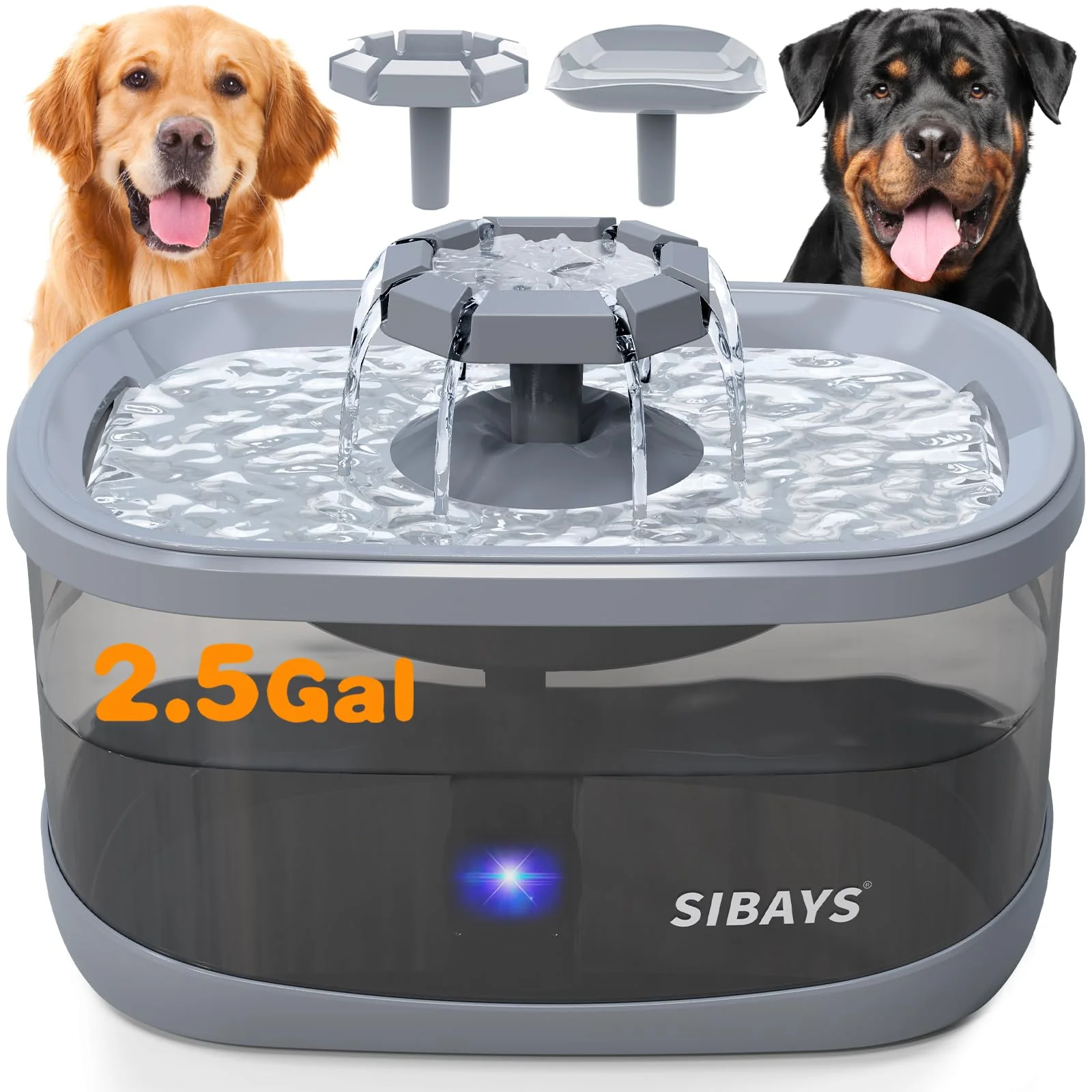 Certified SIBAYS 2.5 Gal Dog Water Fountain for Large Dogs 3 Flow Modes Quiet BPA- Durable