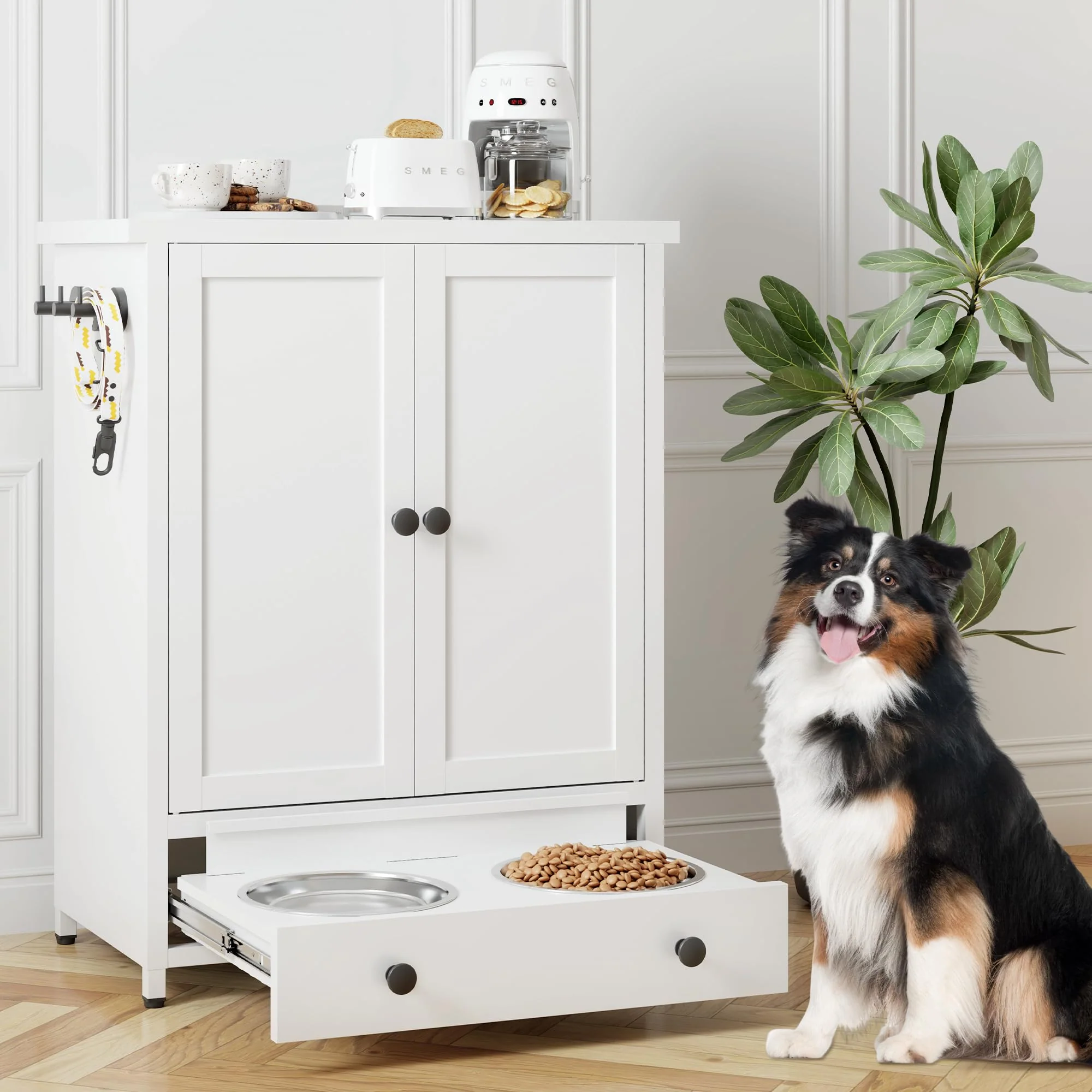 Casual Fmlud Dog Feeding Station with Storage — d Bowls 2-Bowl Drawer Hooks White Reliable