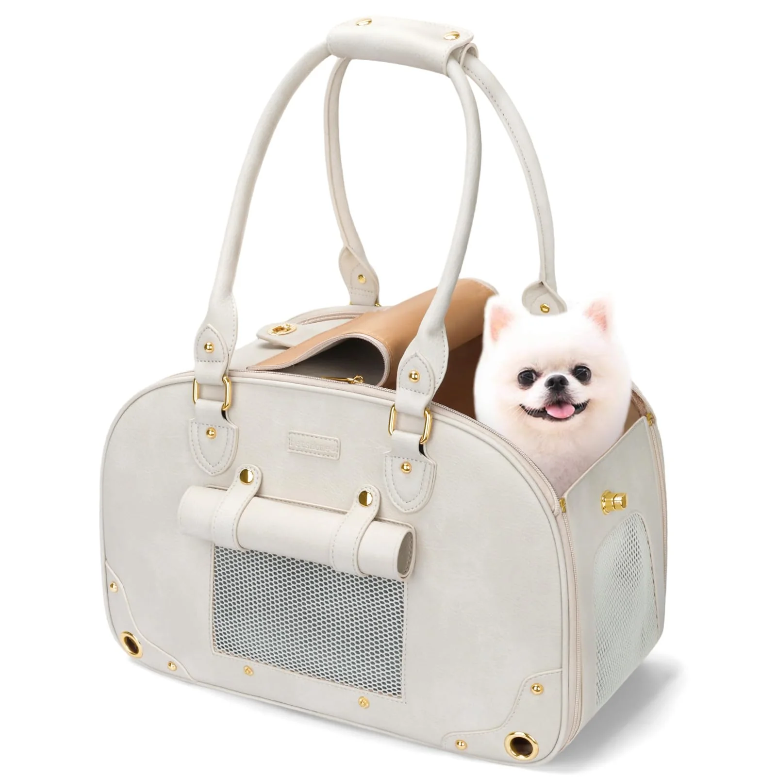 Consistent PetsHome Dog Carrier Purse Waterproof Premium Leather Pet Carrier Medium Beige Durable