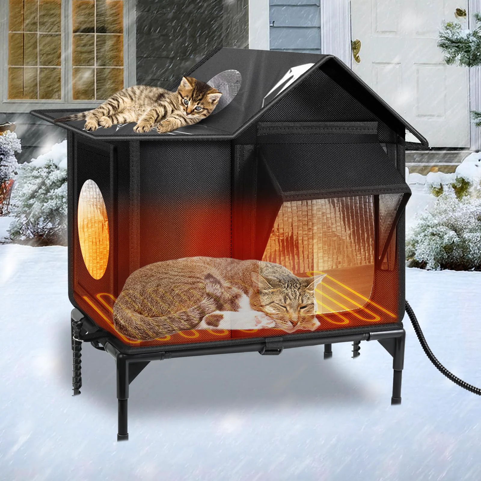 Fast Wn's Day Heated Outdoor Cat House — Weatherproof Shelter with Heating Pad and d Base Excellent