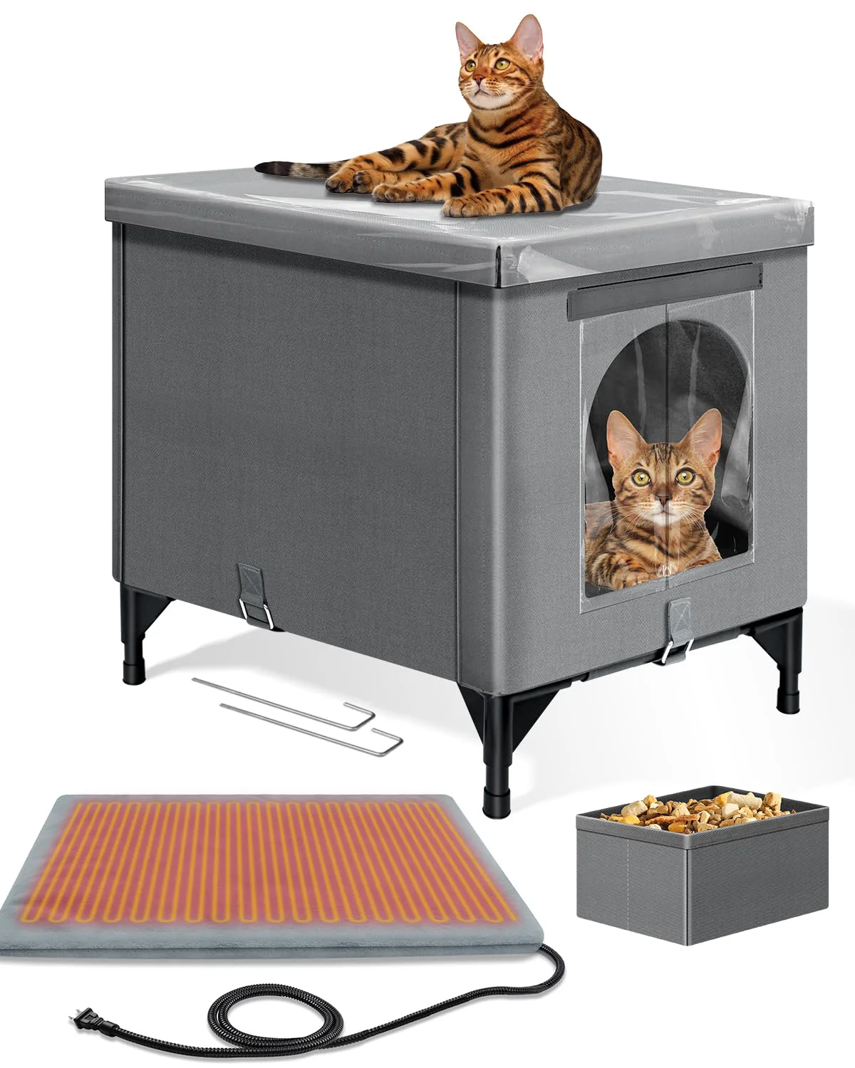 Unique Herehomi Heated Cat House for Outside — Extra Large Gray Foldable Outdoor Shelter with Thermostatic Heating Pad High-Performance