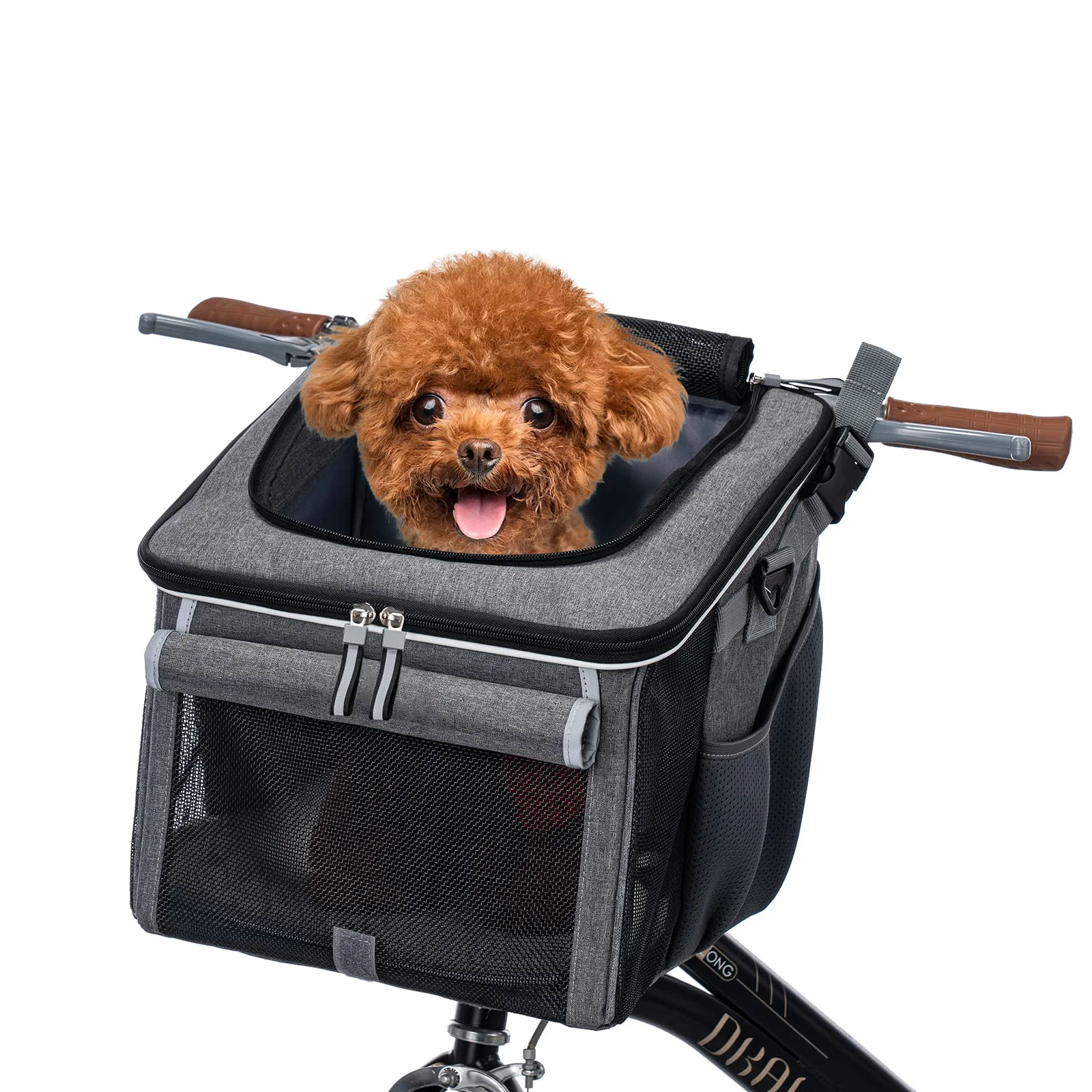 Verified BABEYER Dog Bike Basket – Soft-Sided Carrier for Small Dogs 4 Mesh Windows Grey Flexible