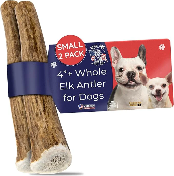 Enhanced Devil Dog Pet Co - Elk Antler for Dogs Small 2 Pack - Long Lasting Dog Chew for Aggressive Chewers Toy Breeds - Naturally Shed Grade A Rocky Mountain Elk Anxiety Boredom Relief Up to 20 lbs About This Luxury