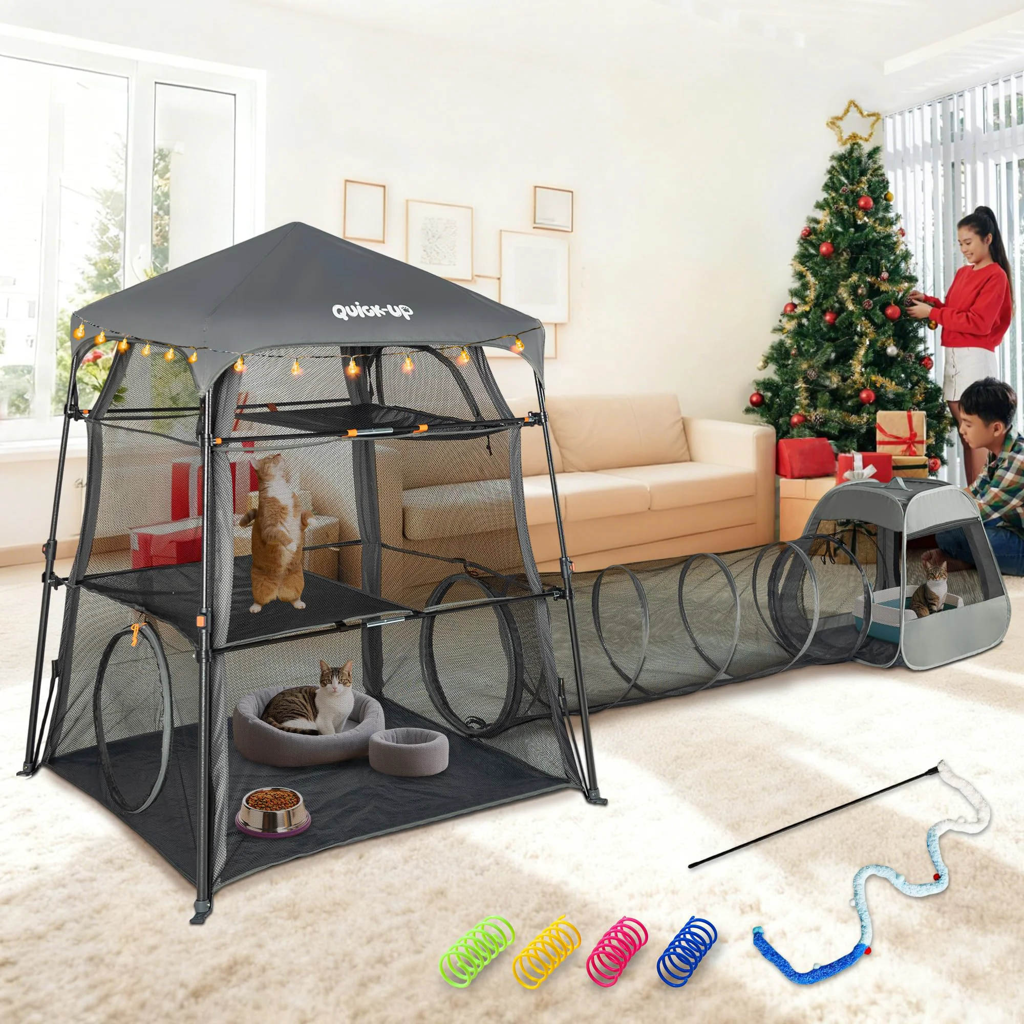 Functional QUICK-UP Cat Enclosure 3-in-1 Tower Tent Tunnel Playpen for Indoor Outdoor Cats Optimized