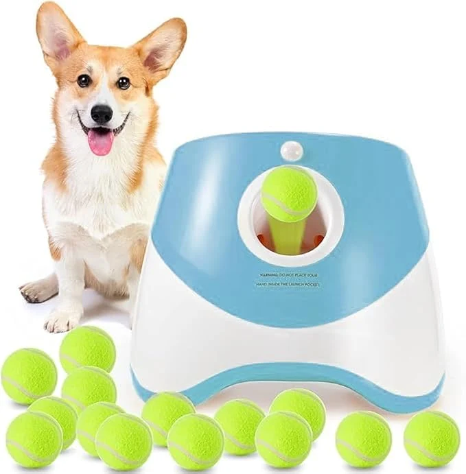 Refined Automatic Dog Ball Launcher Dog Ball Thrower Machine with 10-30Ft 3 Launching Distance Interactive Toys for Small Dogs Indoor Outdoor with 15 Mini Tennis Balls 2 inch -BlueAbout This Outstanding
