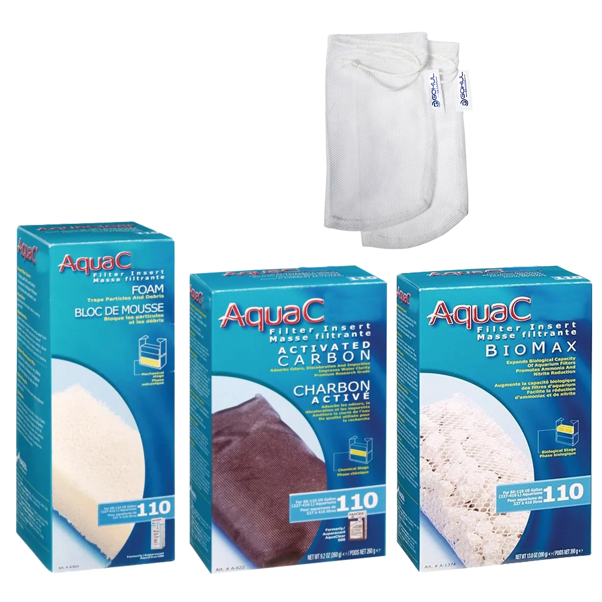 Environmentally Friendly Gokul Brands AquaClear 110 HOB Filter Media Kit Activated Carbon BioMax Foam Insert Mesh Bags Organic