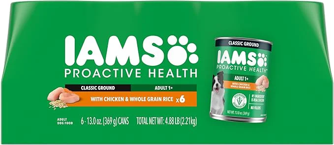 Easy-to-Use IAMS Proactive Health Wet Dog Food Adult Wet Dog Food Multipack Ground Dinner with Chicken Whole Grain Rice 13 oz. Cans Pack of 6 About This Smooth