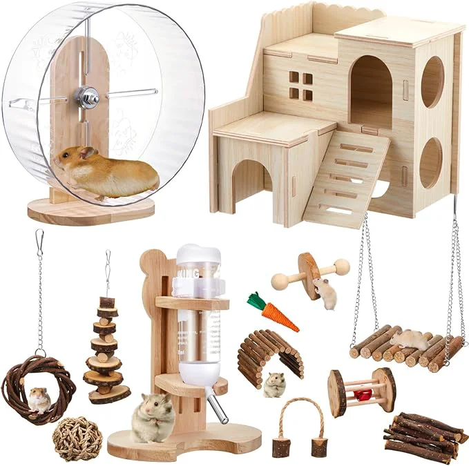 Consistent 18 Pcs Hamster Toys Set 10 Kinds Small Animal Chewing Toys Maze Wood House Silent Exercise Running Wheels and Water Bottle Set for Hamster Habitat Rat Cage Accessories Mixed Play Style About ThisOverview Effective