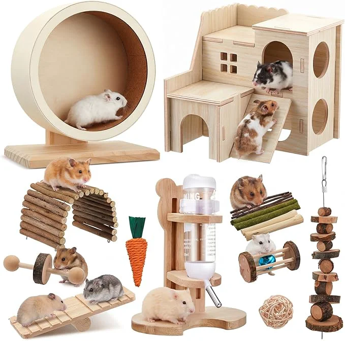 Authentic 18 Pcs Hamster Cage Accessories Silent Hamster Wheel 15 Chew Toys Set Maze Wood House and Water Bottle Set for Rat Mice Small Animals Habitat Harmony Wooden Style About ThisOverview Artisan