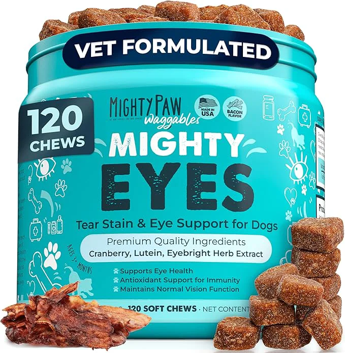 Minimalist Mighty Paw Waggables Eyes Made in USA Tear Stain Chews for Dogs. Vision and Tear Stain Support Supplements for Dogs. Lutein Supplement. Lubricates Eyes Immune Support 120 Ct About ThisOverview Secure