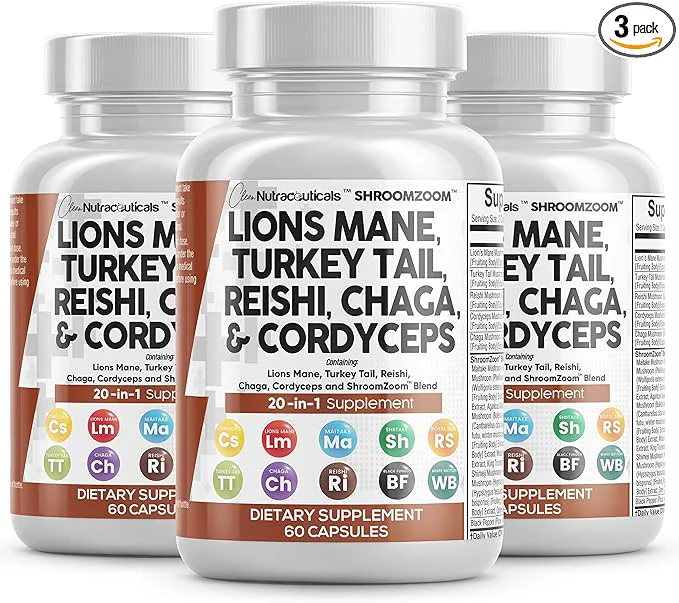 Enhanced Clean Nutraceuticals Lions Mane 20in1 Mushroom Supplement with Turkey Tail Reishi Cordyceps Chaga Maitake Meshima Poria Cocos Shiitake Oyster Porcini Enoki - 3Pack Convenient