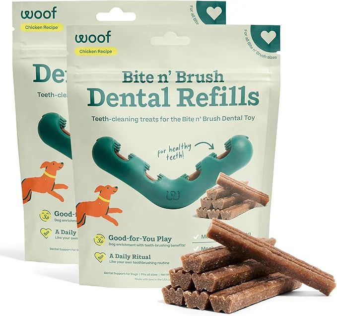 Dependable WOOF - Bite n' Brush Refills Treats for the Dog Toothbrush Toy - Scrub Plaque and Tartar from Your Dog's Teeth and Mouth - Dog Dental Sticks - 36 Refills - Chicken - 2 PackAbout ThisOverview Flexible