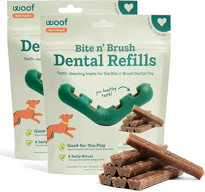 Practical WOOF - Bite n' Brush Refills Treats for the Dog Toothbrush Toy - Scrub Plaque and Tartar from Your Dog's Teeth and Mouth - Dog Dental Sticks - 36 Refills - Beef - 2 PackAbout This Crafted