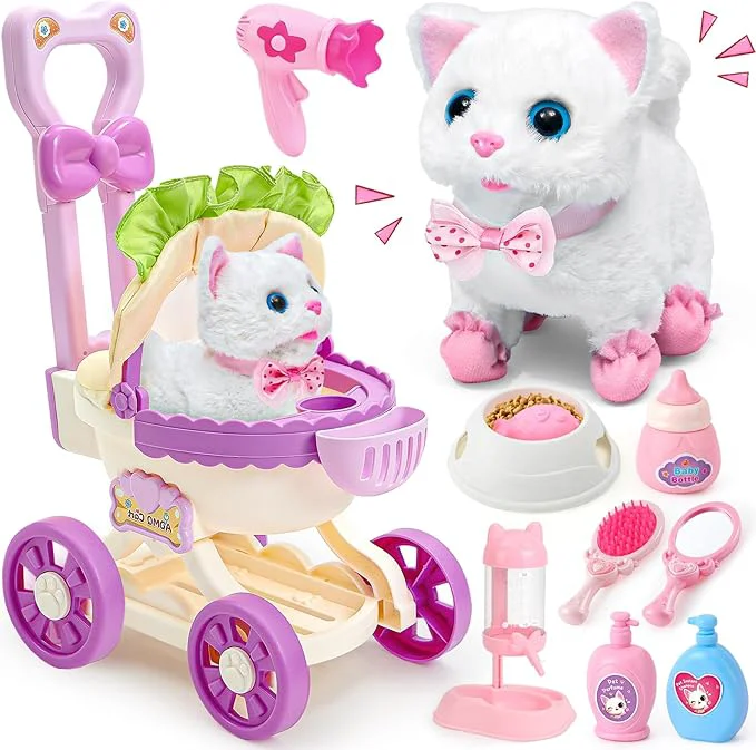 Classic G.C Cat Toys for Kids Girls Electronic Interactive Stuffed Cat Walk Meow and Wag Tail with Stroller Pet Care Accessories Toys Pretend Play Birthday Gifts for Toddlers Girls 3 4 5 6 7 8 Year OldAbout This Pure