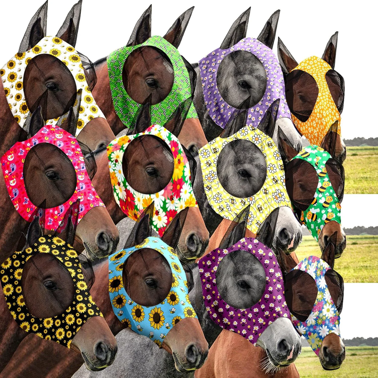 Convenient Qualirey12 Pieces Horse Fly Mask Bulk Comfortable Elasticity Mask for Horses with Ears Net UV Protection Breathable Horse Supplies Face Covering for Horse Pony and Foal Flower Patterns Medium Organic