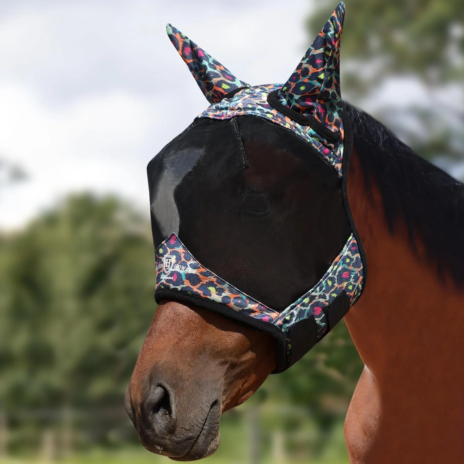 Fine Harrison Howard Pro LumiVista Horse Half Face Fly Mask Large Eye Space with Ears UV Protection for Horse Iridescent Prints L Elite