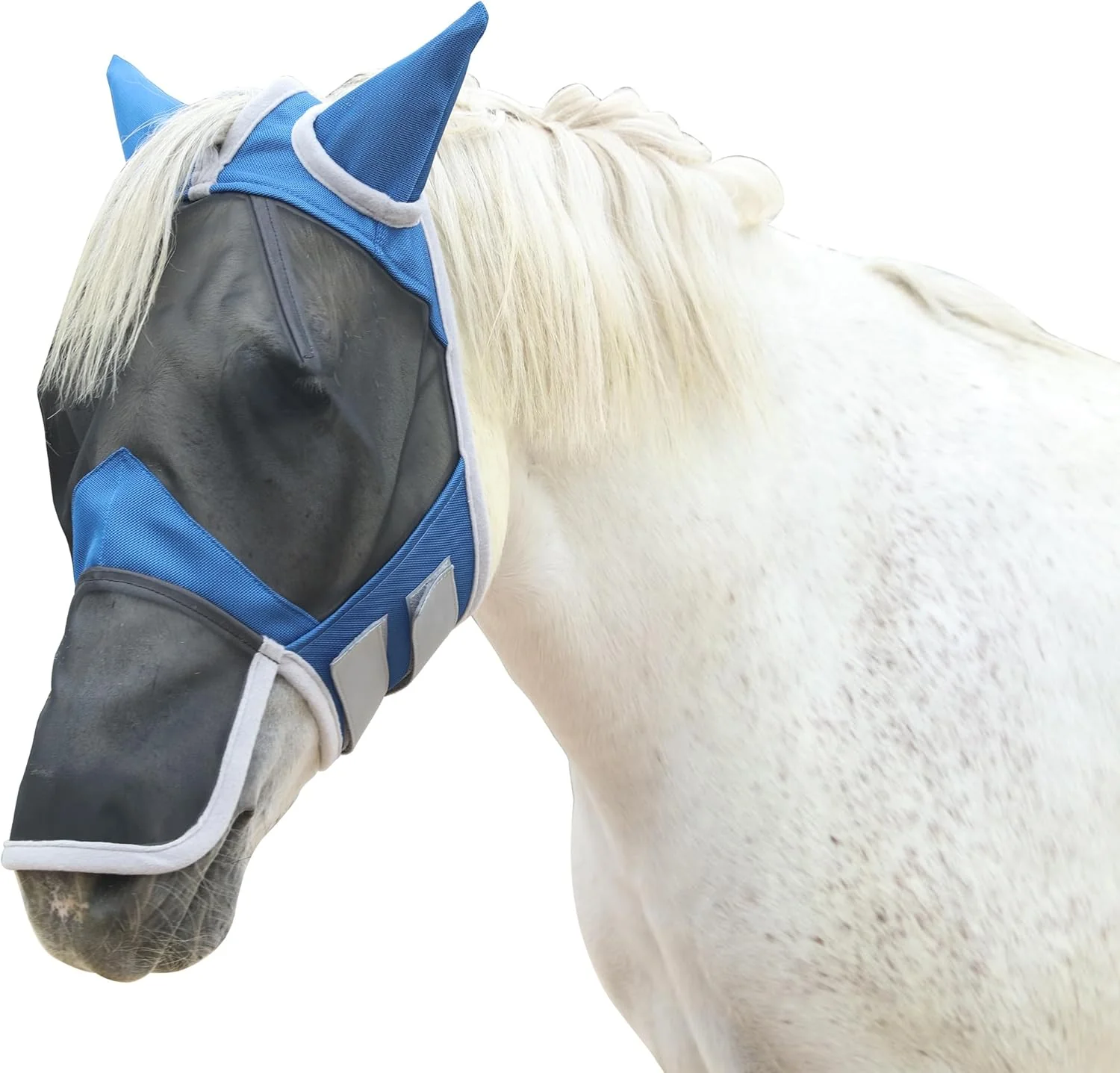 Top-Quality Horse Fly Mask with Ears Long Nose Cover Forelock Opening for Tangle- Mane Care UV Protection Breathable Mesh No Rub Fit and Enhanced Visbility for Trail Riding RoyalBlue Pony Luxury