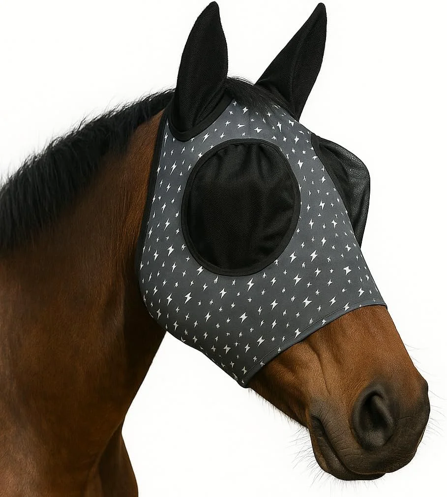 Smooth Horse Fly Mask - Arab Equine Fly Mask with Full Coverage for Eye Ear - Stretchable UV Sun Protection Flymask for Horses Ponies Mini Horses - Horse Face Cover for Pasture Trail - Lightning Genuine