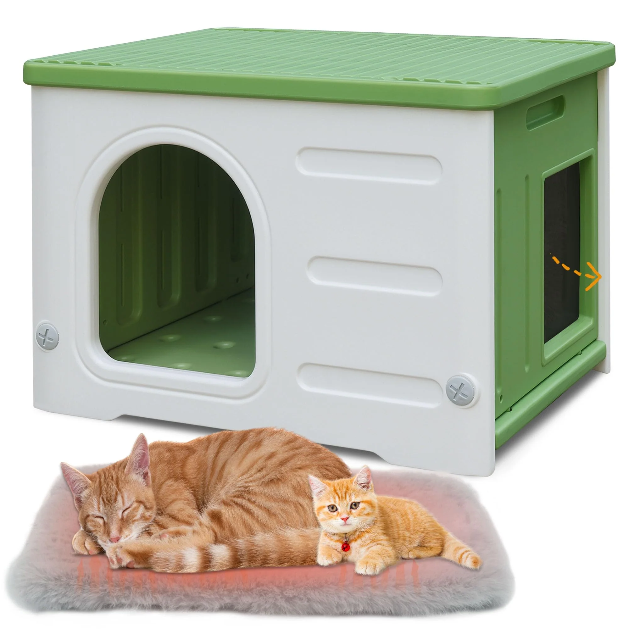 Unique Deblue Waterproof Cat House for Outdoor Cats - Escape Door Soft Mat Large Multi-Cat Green Reusable