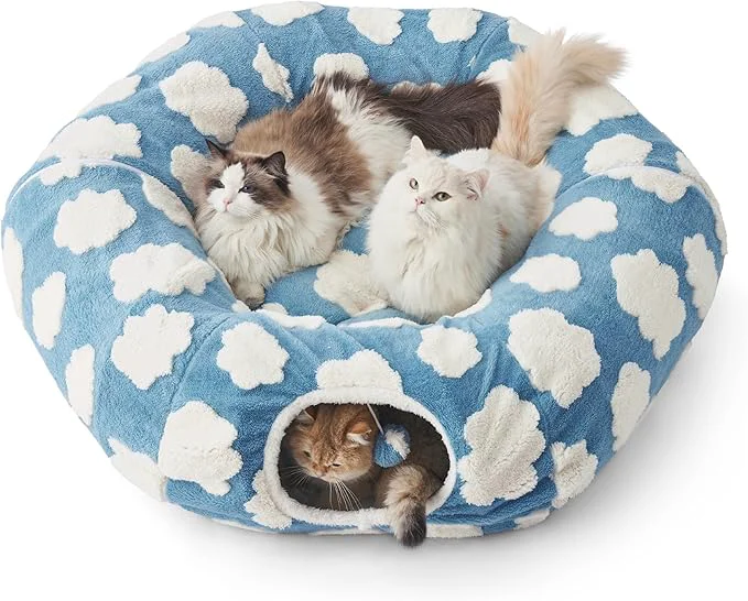 Smart Lesure Large Cat Tunnel Bed - Cute Donut Bed for Indoor Cats with Washable Circle Cushion Round Pet Peekaboo Cave Toy for Multi Kitten Puppy Rabbit Large Cozy Clouds BlueAbout ThisOverview Official