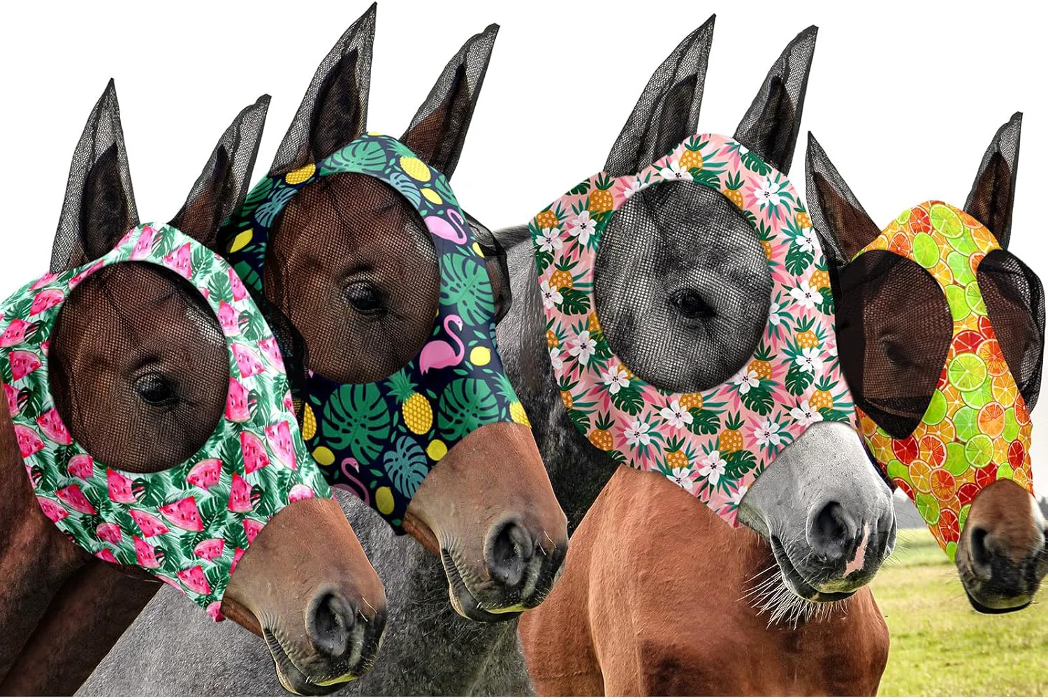 First-Class Frienda 4 Pieces Horse Fly Masks with Ears Face Covering UV Protection from Insect Pests Elasticity Smooth Comfortable Mesh Horse Mask Accessories Fruit Large Genuine