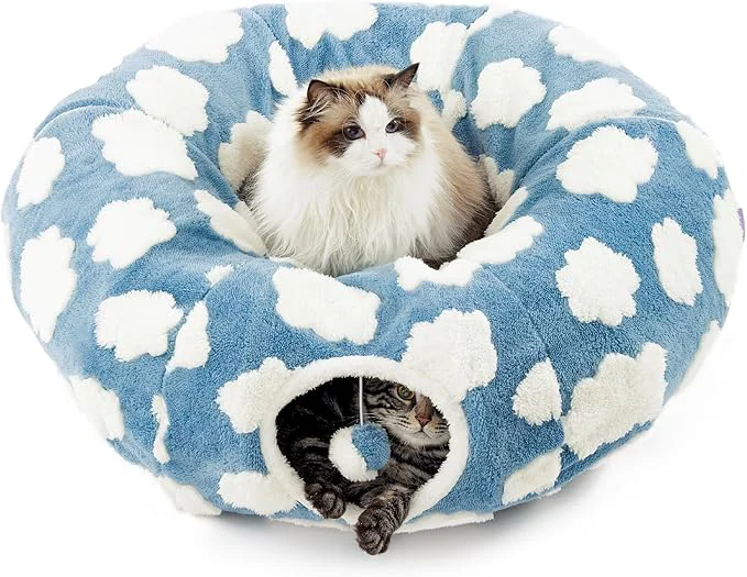 Top-Quality Lesure Cat Tunnel Bed for Indoor Cats - Cute Cat Donut Tunnel Toys for Small Large Cats with Washable Circle Cushion Round Pet Peekaboo Cave Toy for Kitten Puppy Rabbit Standard Cozy Clouds BlueAbout ThisOverview High-End