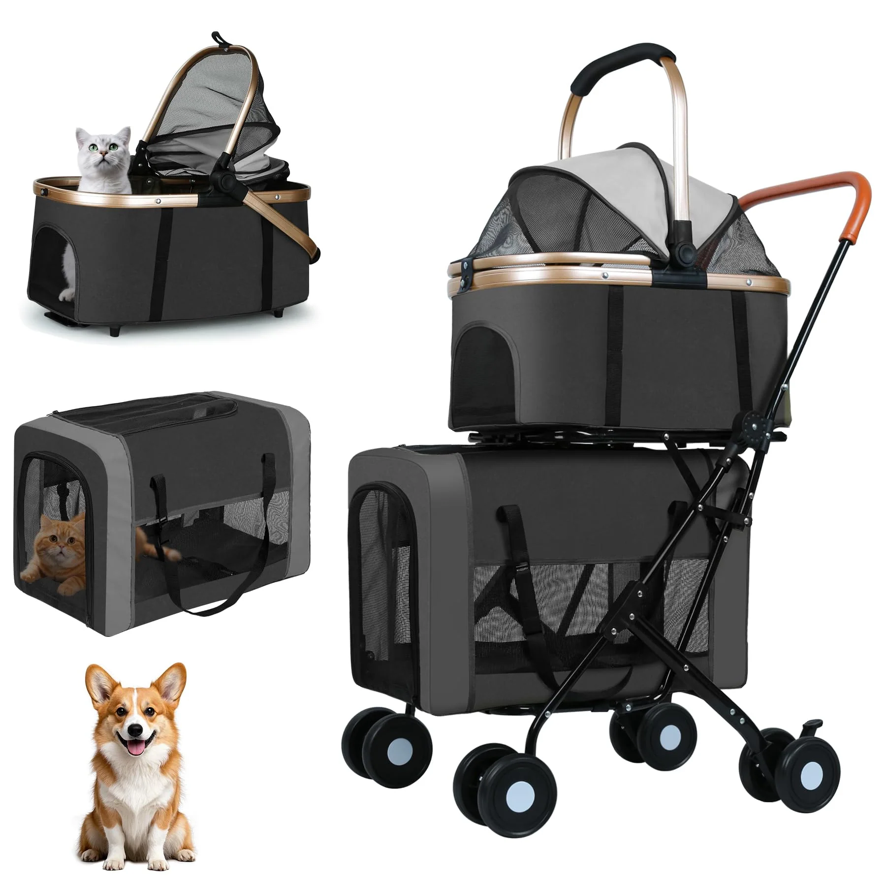 Crafted ENVTEK Double Pet Stroller – Foldable 3-in-1 Dog Cat Stroller with Detachable Carriers Black Professional