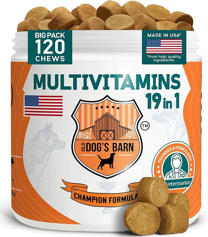 Contemporary Old Dog's Barn Multivitamins 19 in 1 for Dogs – Glucosamine Salmon Oil Cranberry Powder Hemp Seed Oil Omega 6 MSM Chondroitin Vitamin C Probiotics Zinc Folic Acid 120 Soft ChewsAbout This Excellent